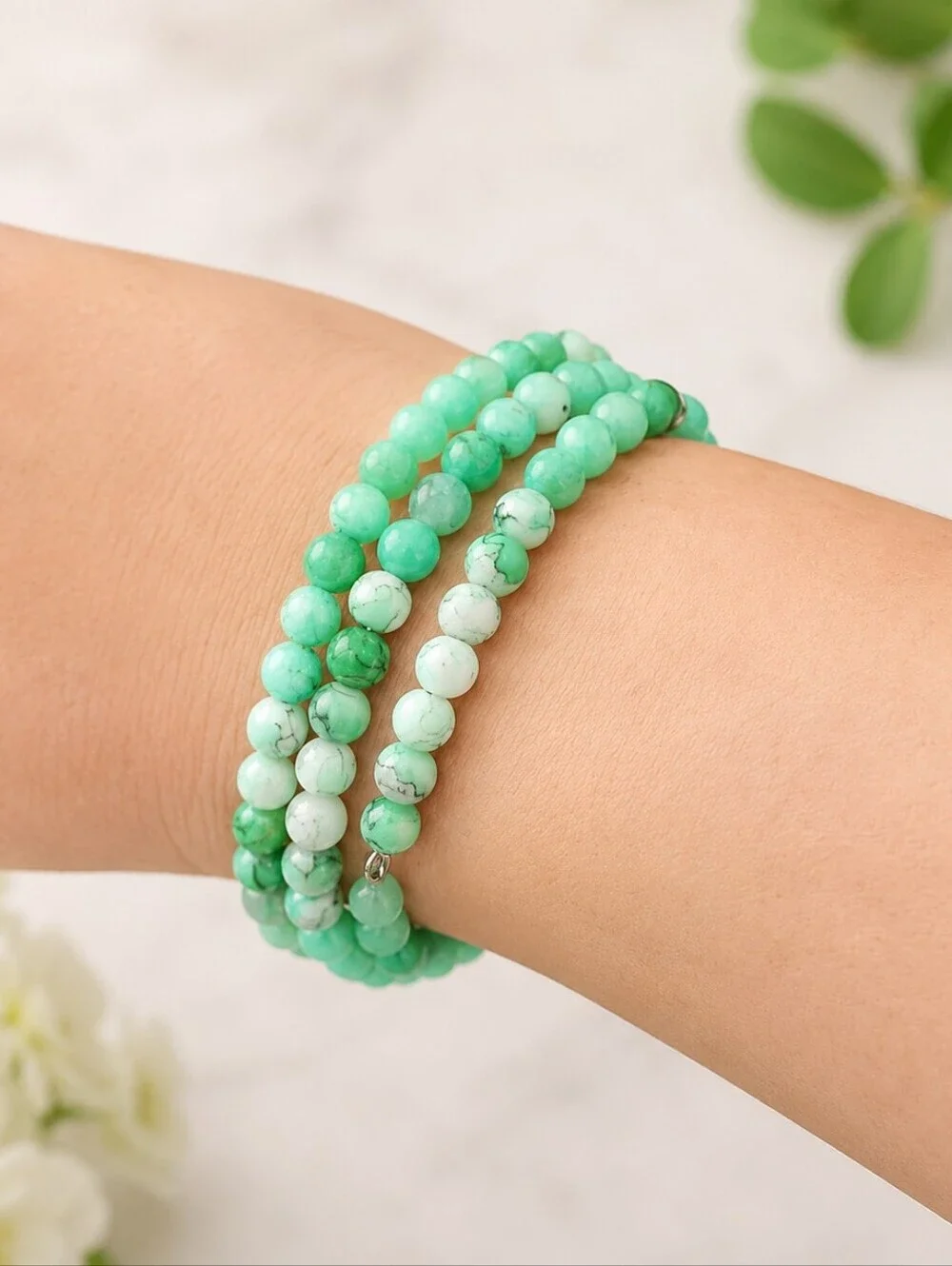 Seafoam Green Dragon Veins Beaded Wrap Bracelet – Handmade Coastal Jewelry